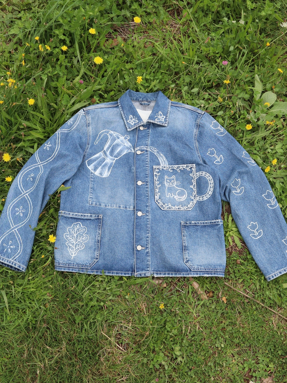 Hand-Painted Blue Denim Jacket Upcycled with White Paint